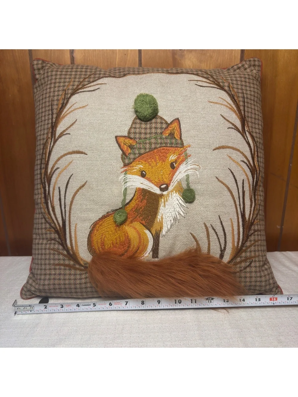 Vintage Pier 1 Fox Throw Pillow 16x16 Embroidered Woodland Pom Pom Tail